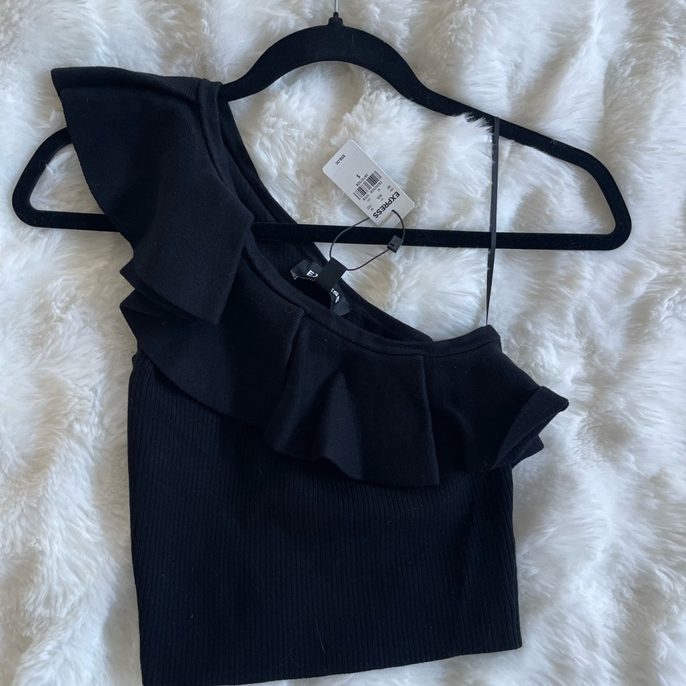 Express Black Asymmetrical Ruffled Sleeveless Crop Top